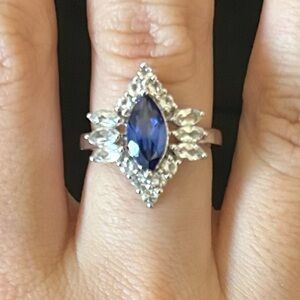 **SOLD** 925 sterling silver sapphire ring (size 5) marquise cut, blue & white